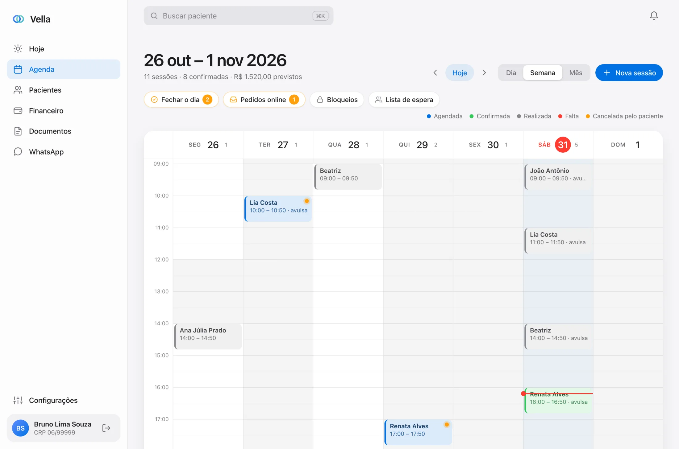 Agenda semanal da Vella com sessões coloridas por status